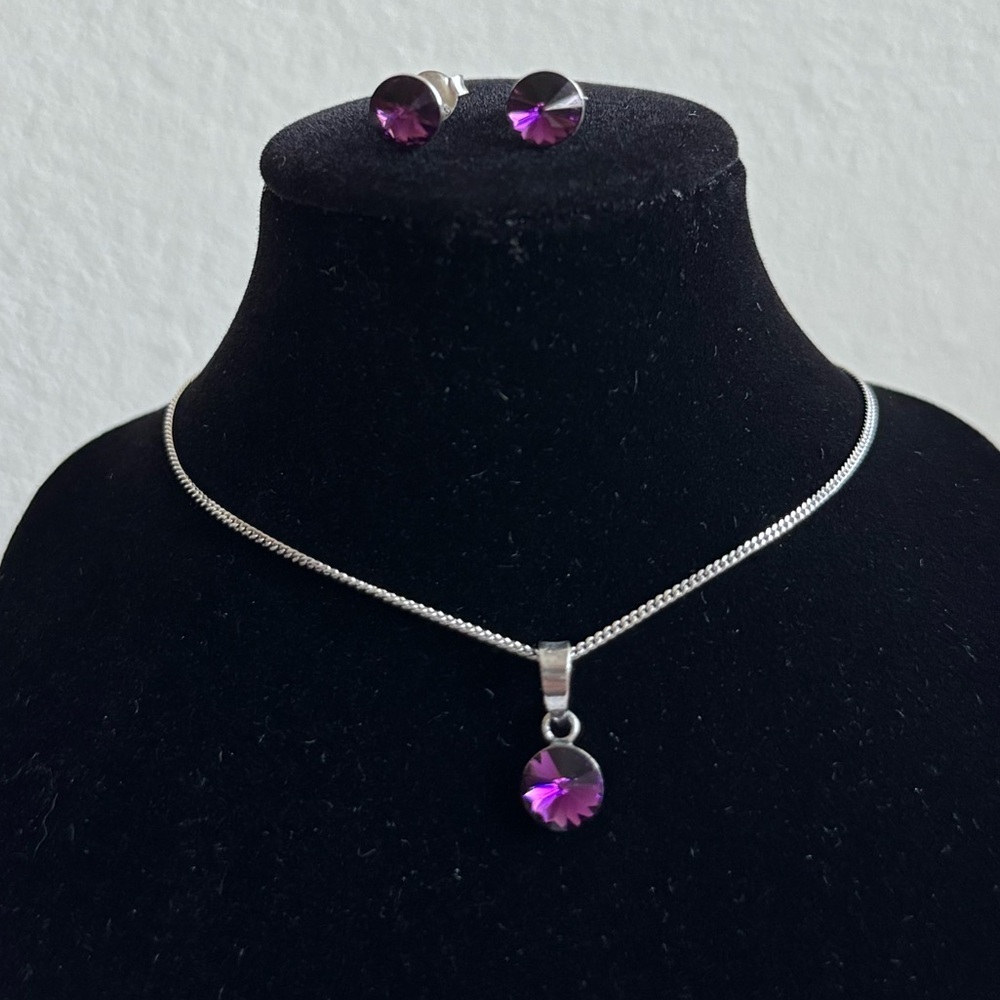 925 Sterling Silver Amethyst Crystal Necklace & Earrings Set